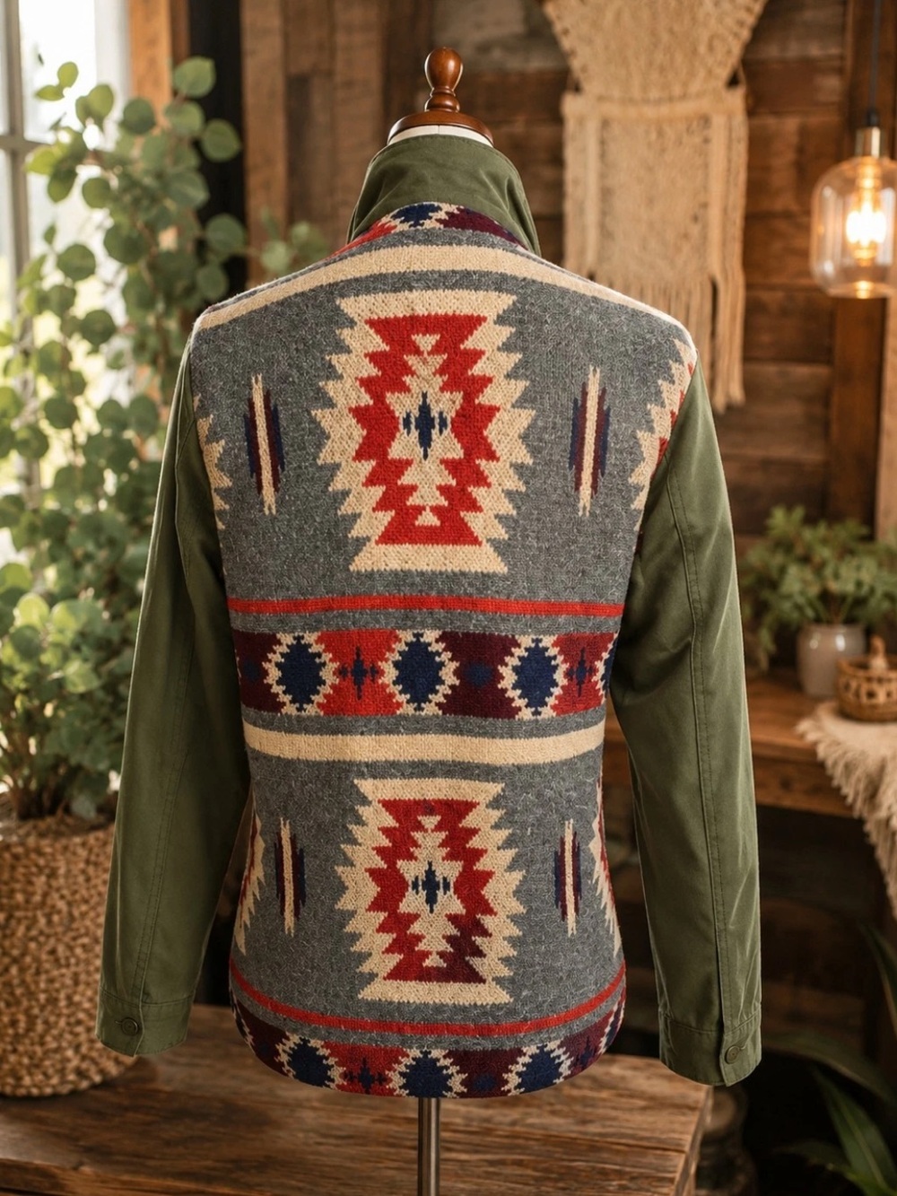 Thread & Supply Olive Green Aztec
Print Mixed Media Zip Up Utility Jacket - M